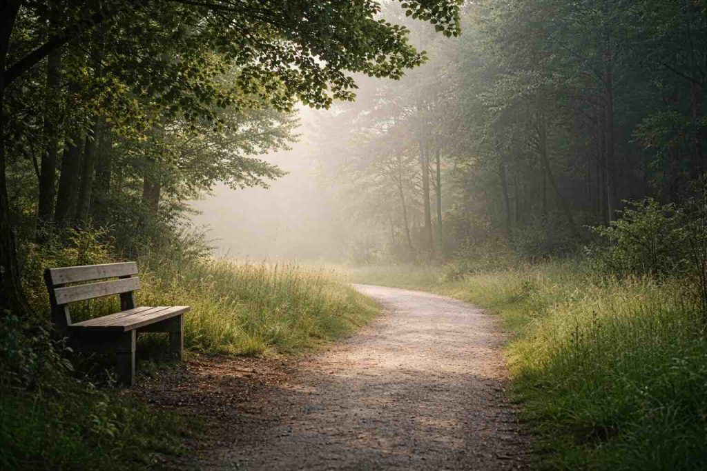 Sorg stadier symptomer illustreret med stille skovsti i tåge og blødt morgenlys