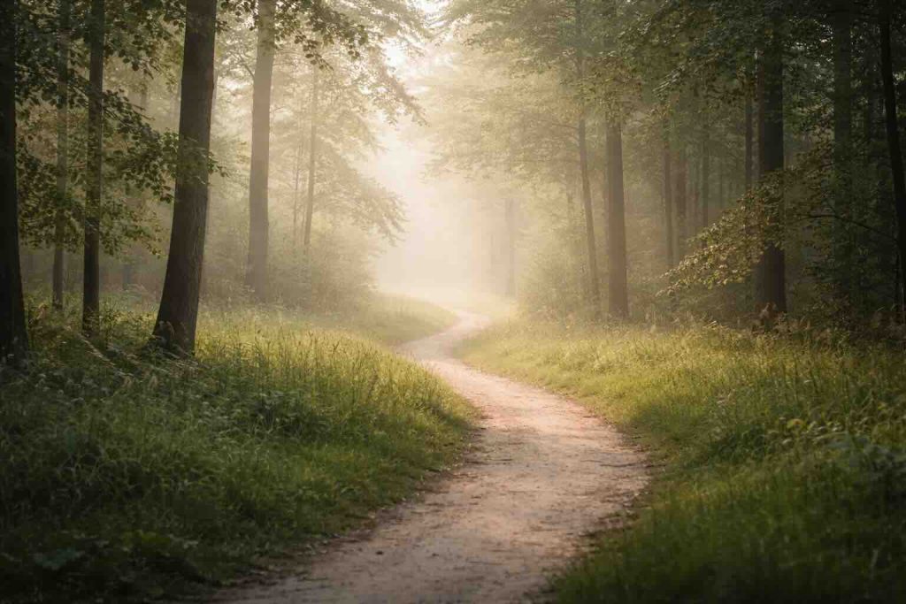Familier og sorg symboliseret ved stille skovsti i blødt lys med rolig, refleksiv stemning