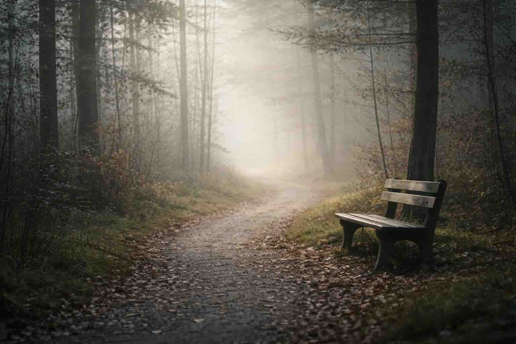 Tåget skovsti med bænk som symbol på sorg, depression og forladthedssyndromet
