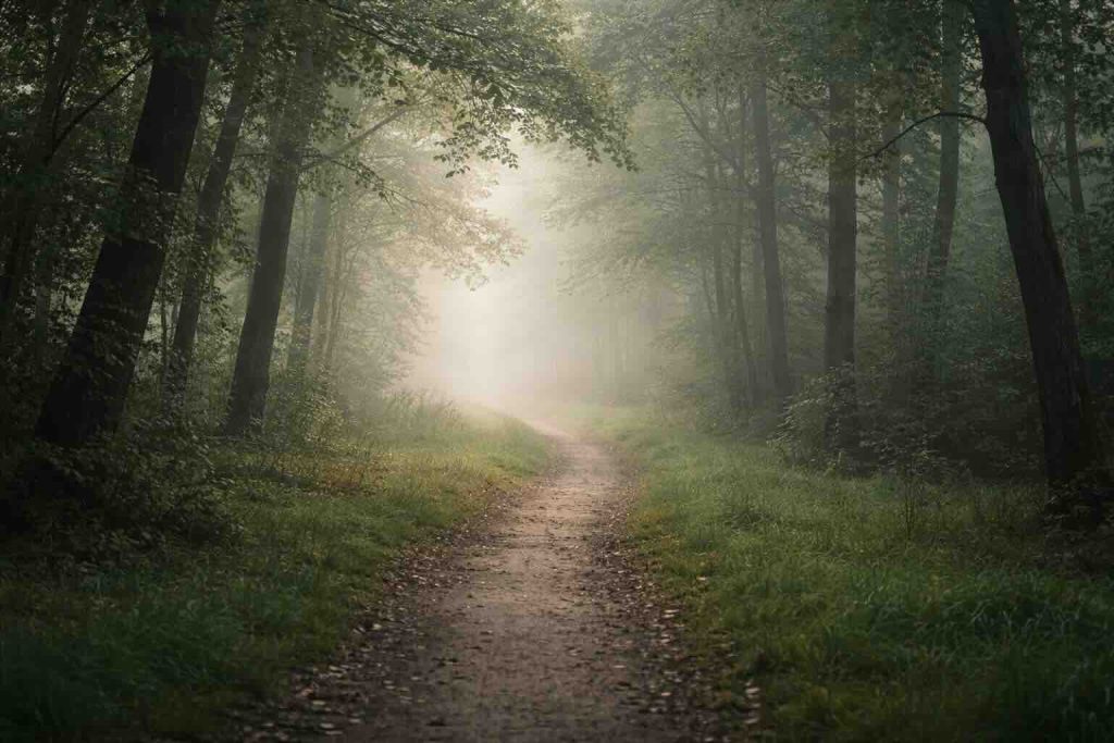 Skovsti i blød tåge med naturligt lys, symboliserer sorg faser og symptomer i en rolig proces

