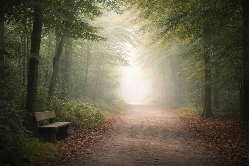 Sorg faser død symptomer illustreret med stille skovsti i tåge og blødt lys
