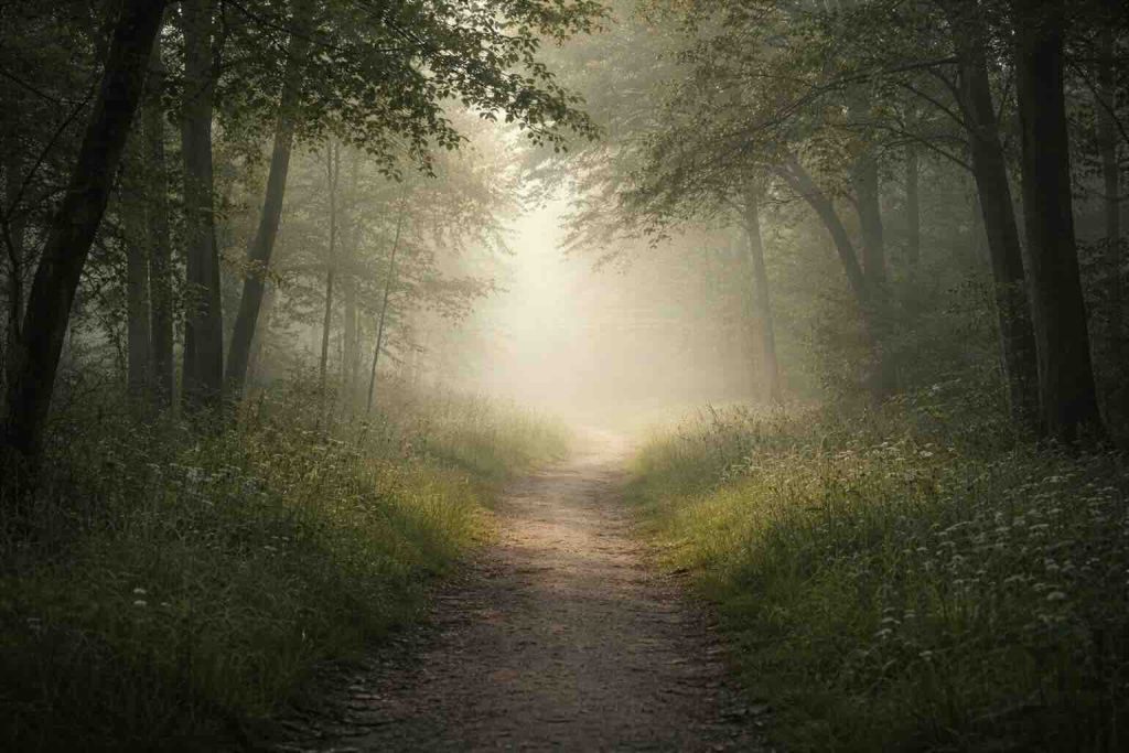 Stille skovsti i let tåge med blødt lys, symbol på sorg fysiske symptomer og indre proces
