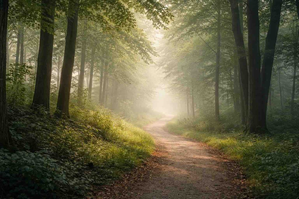 Sorg psykolog i parforhold visualiseret som rolig skovsti i blødt morgenlys og let tåge