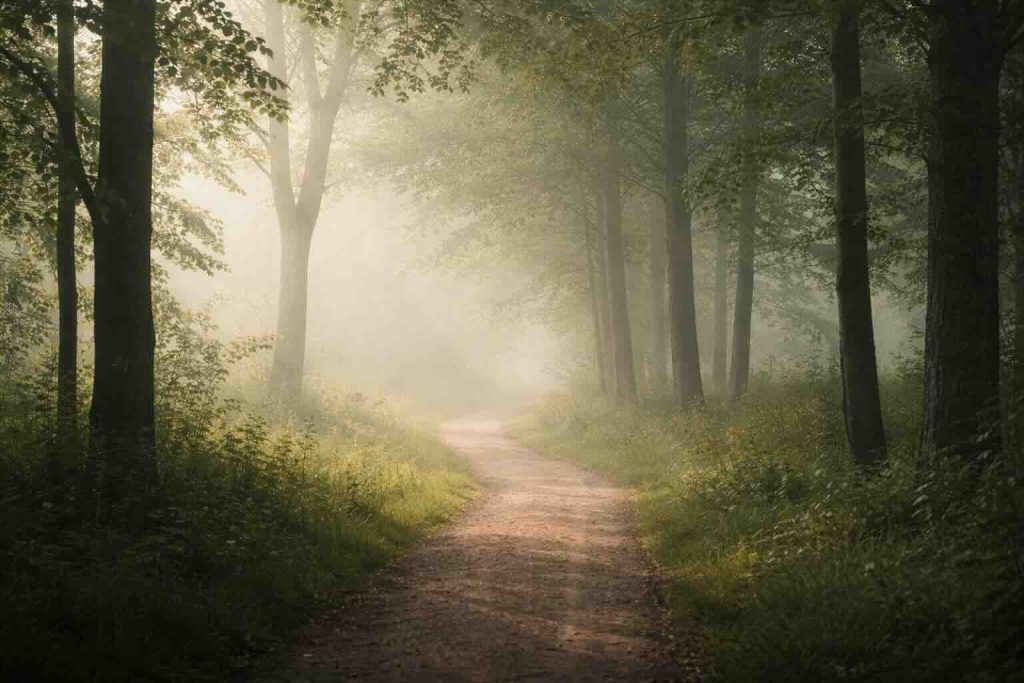 Rolig skovsti i let tåge med blødt lys, symboliserer sorg stadier og følelsesmæssige processer
