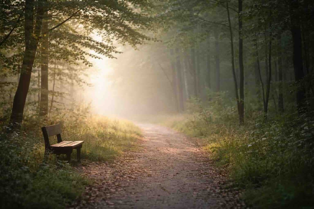 Sorg symptomer visualiseret som stille skovsti i tåge med blødt lys og rolig stemning
