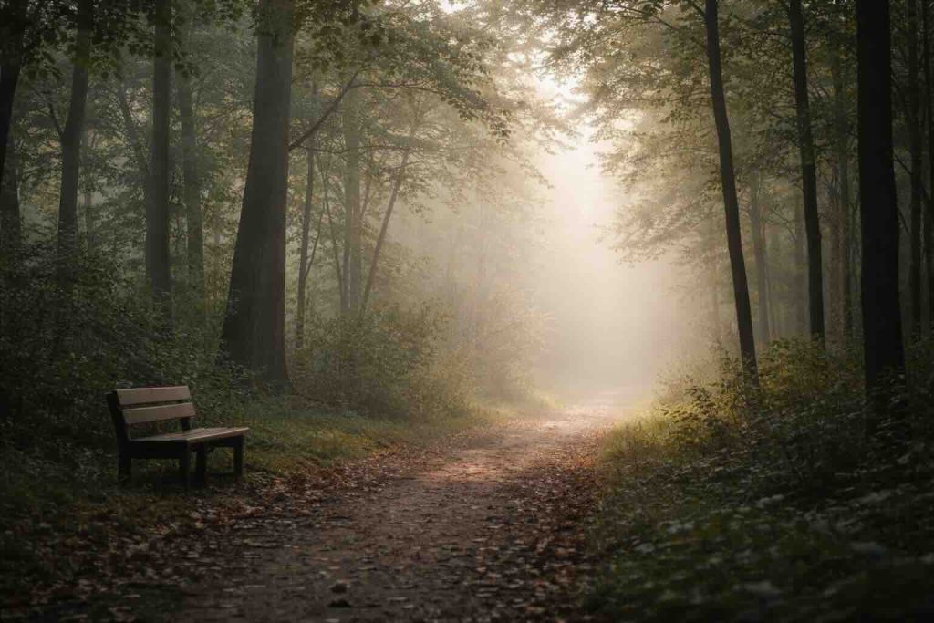 Sorg ved pludselig dødsfald illustreret med stille skovsti i tåget morgenlys og blød horisont
