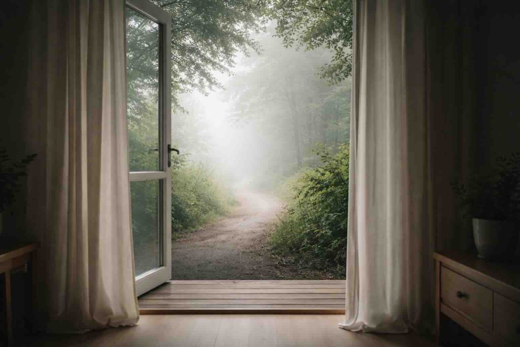 Symptomer på sorg illustreret med rolig skovsti i tåge set gennem åbent vindue
